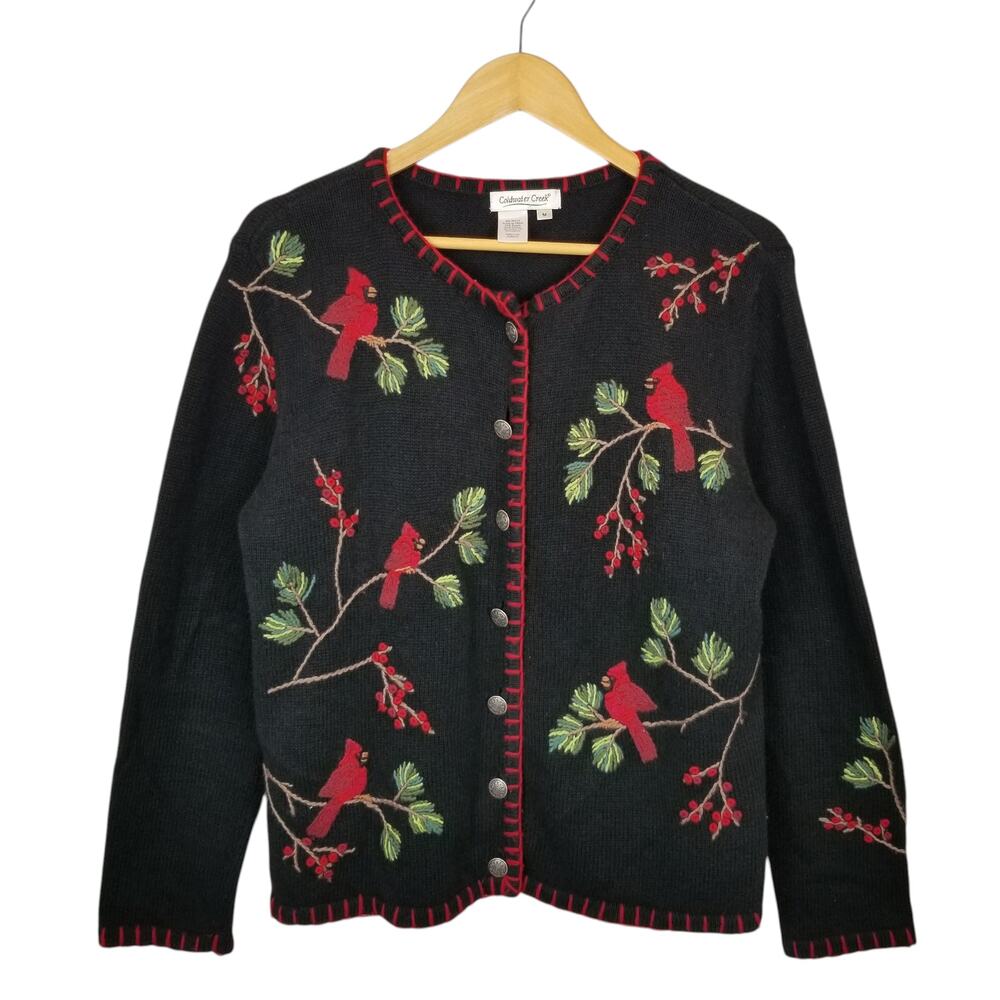 Coldwater Creek Cardinal Red Bird Embroidered Cardigan Sweater Black Red Size M